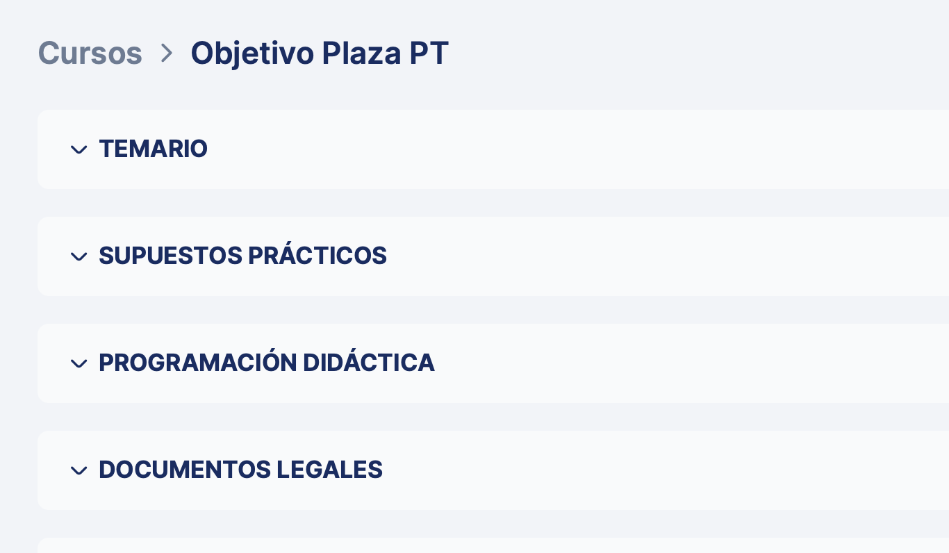 Vista de los contenidos de Objetivo Plaza PT en la plataforma